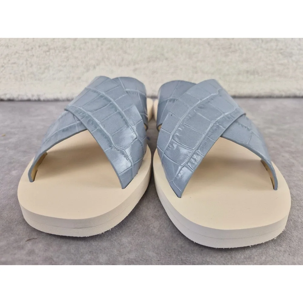 Michael Kors Glenda Pale Blue Croc Embossed Leather Slide Sandals 40S0GLFP1E